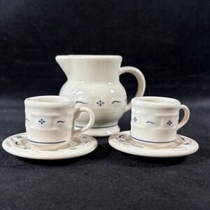 Longaberger Pottery Miniature Milk Pitcher 2 Cups 2 Saucers Collectors Club Blue